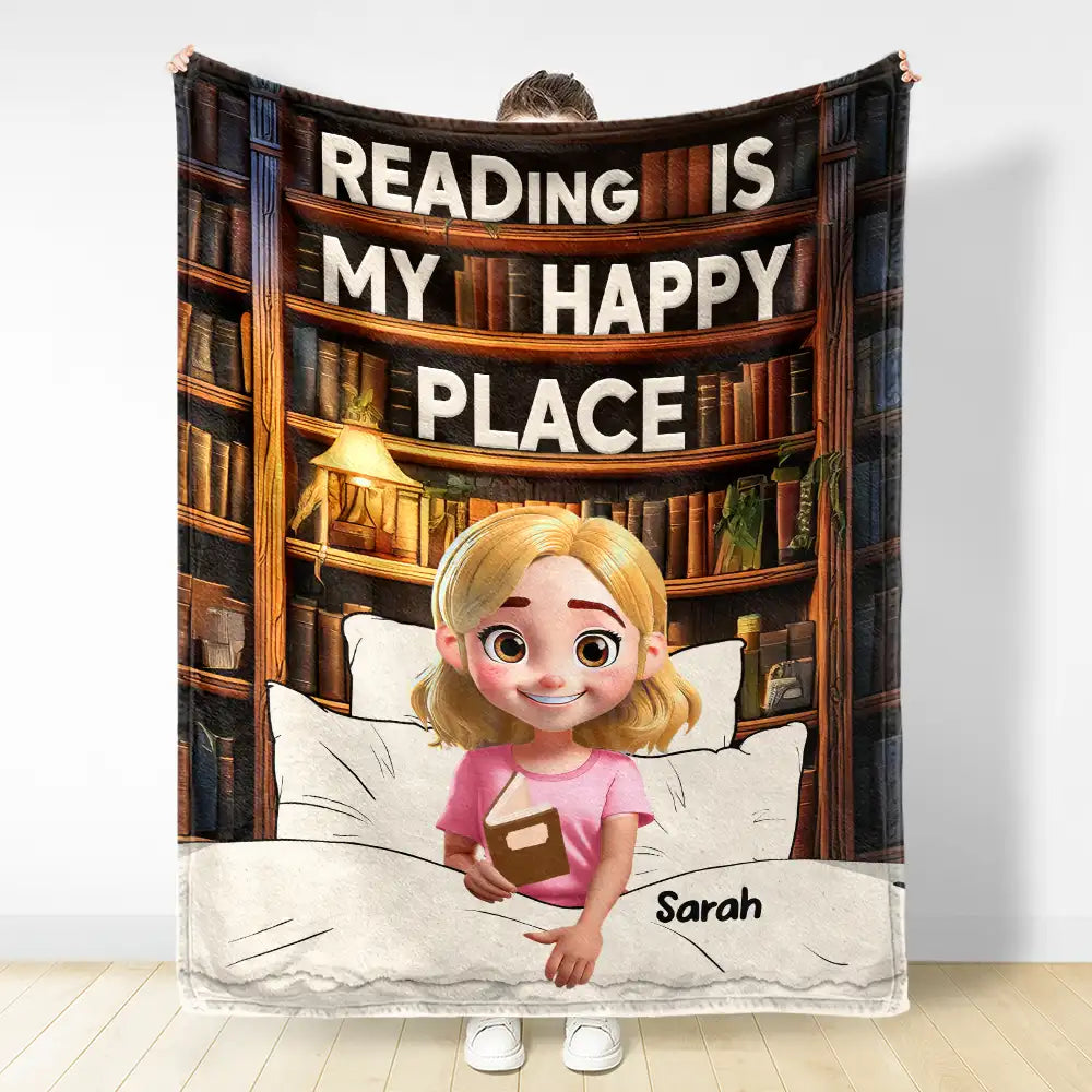 Reading,Gift For Yourself,Happy - Reading Is My Happy Place - Personalized Fleece Blanket, Sherpa Blanket