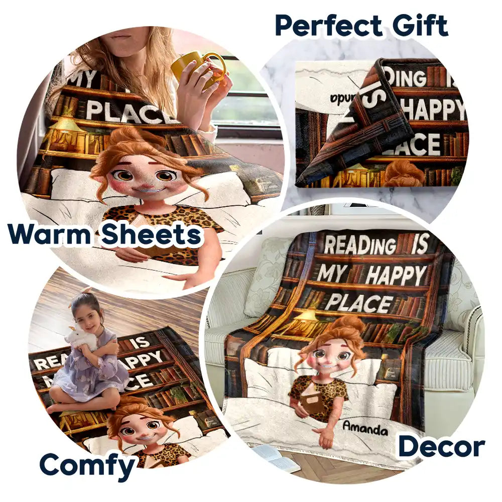 Reading,Gift For Yourself,Happy - Reading Is My Happy Place - Personalized Fleece Blanket, Sherpa Blanket