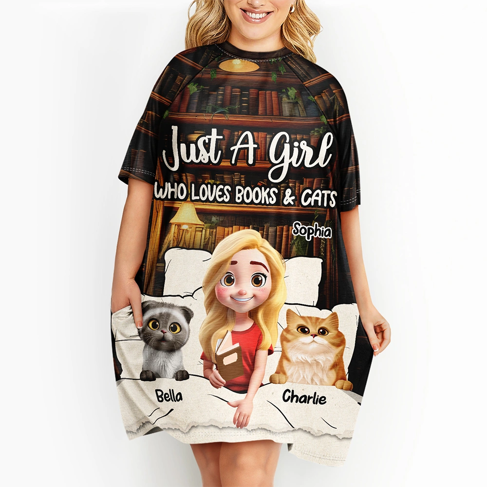 Reading,Gift For Yourself,Gift For Women,Happy,Cat Lovers - Reading Pajamas Girl Who Loves Books - Personalized Women's Sleep Tee