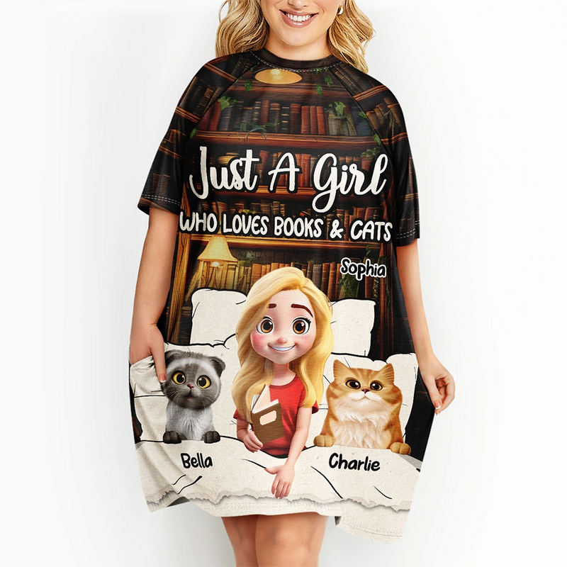 Reading,Gift For Yourself,Gift For Women,Happy,Cat Lovers - Reading Pajamas Girl Who Loves Books - Personalized Women's Sleep Tee