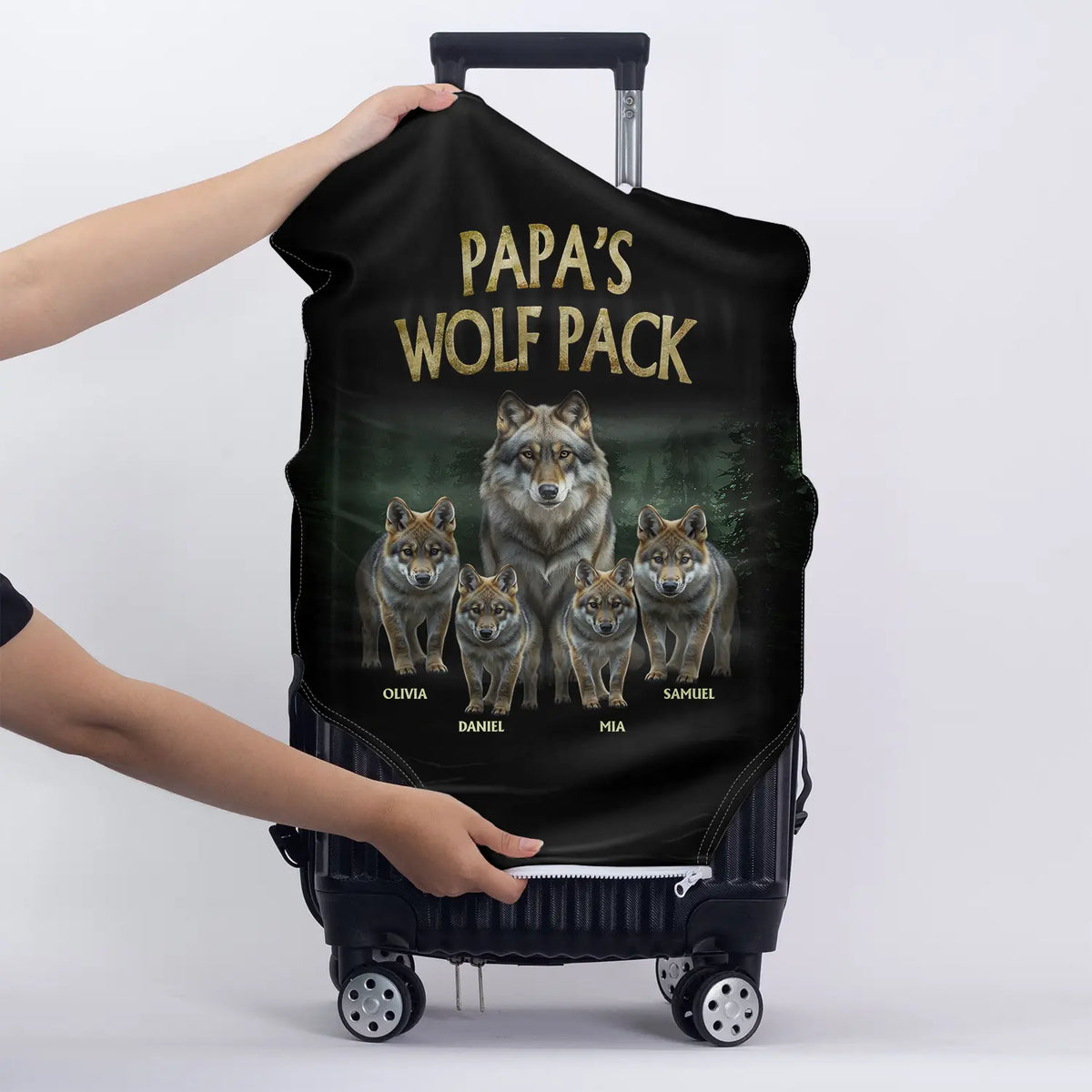 Gift For Grandpa,Happy,Travel - Realistic Art Papa Dad Wolf Pack - Personalized Luggage Cover