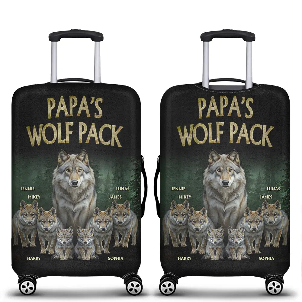 Gift For Grandpa,Happy,Travel - Realistic Art Papa Dad Wolf Pack - Personalized Luggage Cover