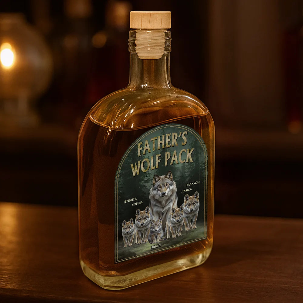 Dad - Children,Gift For Grandpa,Gift For Father,Happy - Realistic Art Papa Dad Wolf Pack - Personalized Whiskey Bottle