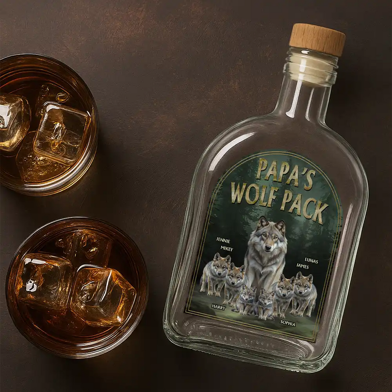 Dad - Children,Gift For Grandpa,Gift For Father,Happy - Realistic Art Papa Dad Wolf Pack - Personalized Whiskey Bottle