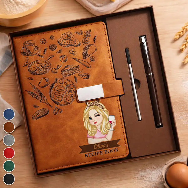 Gift For Wife,Gift For Girlfriend,Gift For Yourself,Gift For Women,Gift For Mother,Gift For Grandma,Mom's Hobby,Grandma's Hobby,Happy,Cooking,Baking  - Recipe Book - Personalized Leather Notebook Set