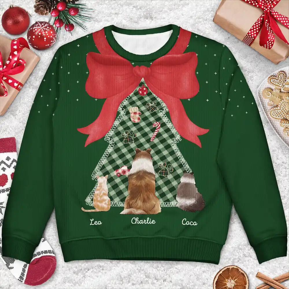 Pet Lovers,Pet Mom,Dog Lovers,Dog Mom,Cat Lovers,Cat Mom,Christmas,Love,Gift For Women - Red Bow Christmas Tree For Dog Cat Lovers - Personalized Unisex Ugly Sweater
