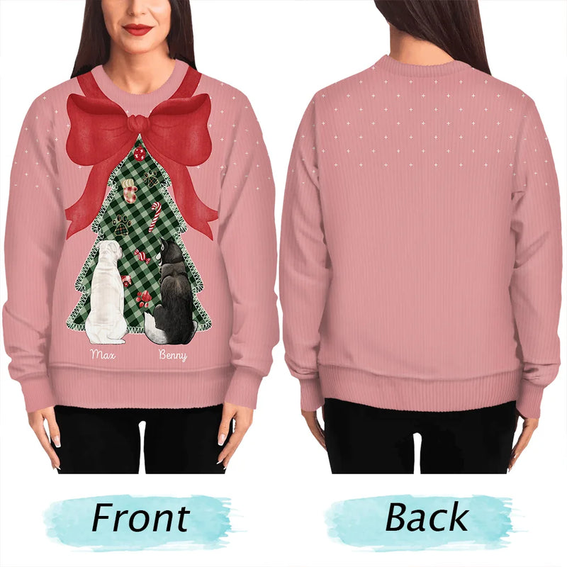 Pet Lovers,Pet Mom,Dog Lovers,Dog Mom,Cat Lovers,Cat Mom,Christmas,Love,Gift For Women - Red Bow Christmas Tree For Dog Cat Lovers - Personalized Unisex Ugly Sweater