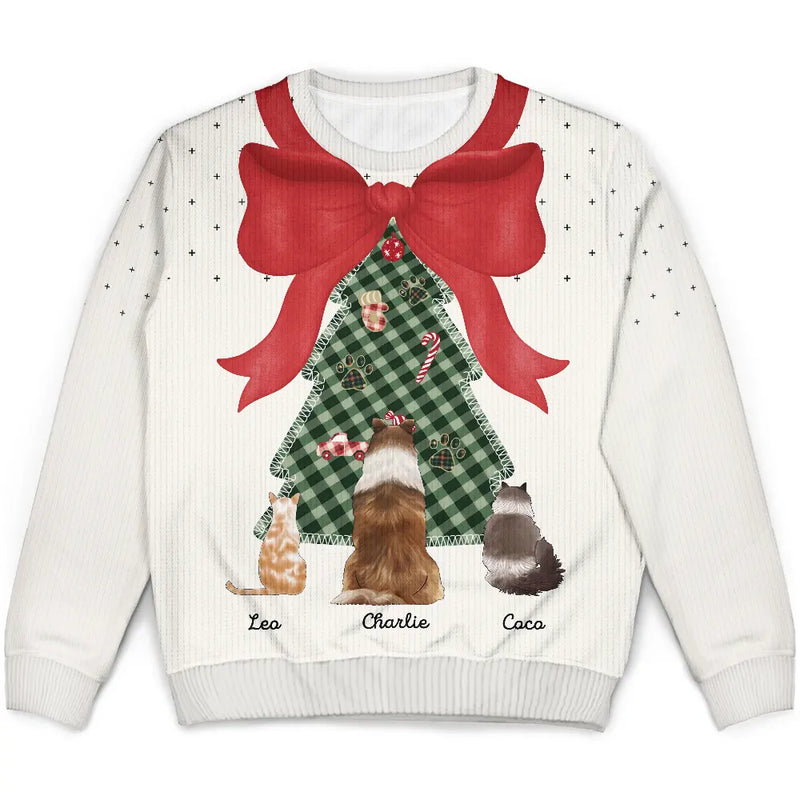 Pet Lovers,Pet Mom,Dog Lovers,Dog Mom,Cat Lovers,Cat Mom,Christmas,Love,Gift For Women - Red Bow Christmas Tree For Dog Cat Lovers - Personalized Unisex Ugly Sweater