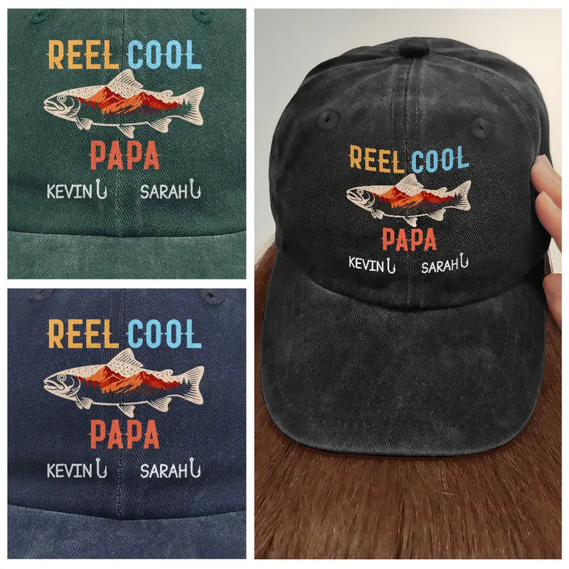 Gift For Father, Gift For Grandpa, Funny, Fishing - Reel Cool Grandpa - Personalized Vintage Washed Denim Cap
