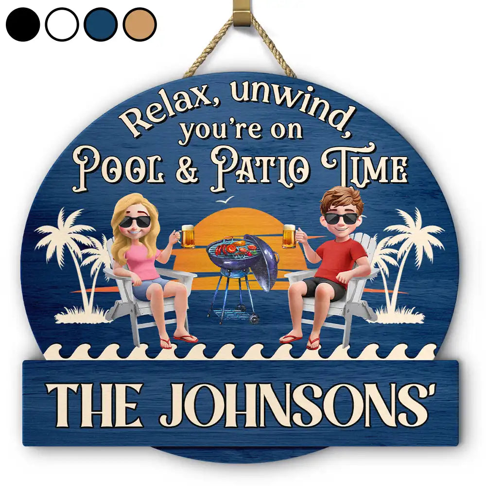 Gift For Couples,Gift For Husband,Gift For Wife,Gift For Boyfriend,Gift For Girlfriend,Patio,Poolside - Relax Unwind Patio Time 3D Couple - Personalized Custom Shaped Wood Sign