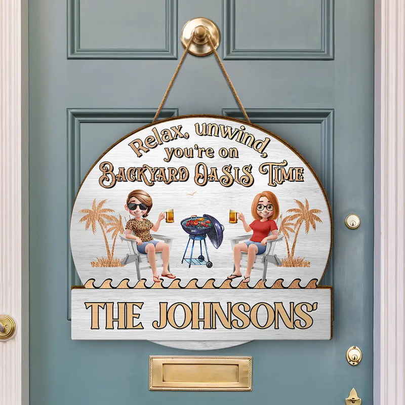 Gift For Couples,Gift For Husband,Gift For Wife,Gift For Boyfriend,Gift For Girlfriend,Patio,Poolside - Relax Unwind Patio Time 3D Couple - Personalized Custom Shaped Wood Sign