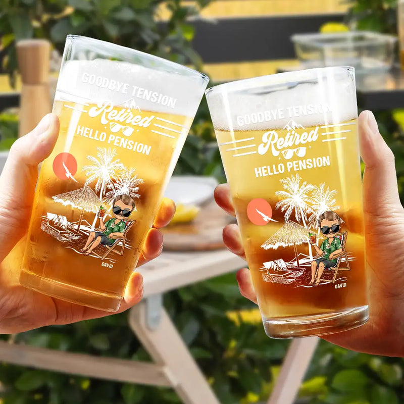 Gift For Husband,Gift For Men,Gift For Father,Retirement,Beach,Happy,Summer,Gift For Wife,Gift For Women,Gift For Mother,Gift For Yourself - Retired Goodbye Tension Hello Pension - Personalized Beer Glass
