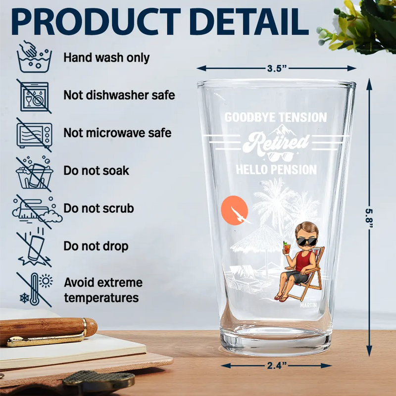 Gift For Husband,Gift For Men,Gift For Father,Retirement,Beach,Happy,Summer,Gift For Wife,Gift For Women,Gift For Mother,Gift For Yourself - Retired Goodbye Tension Hello Pension - Personalized Beer Glass
