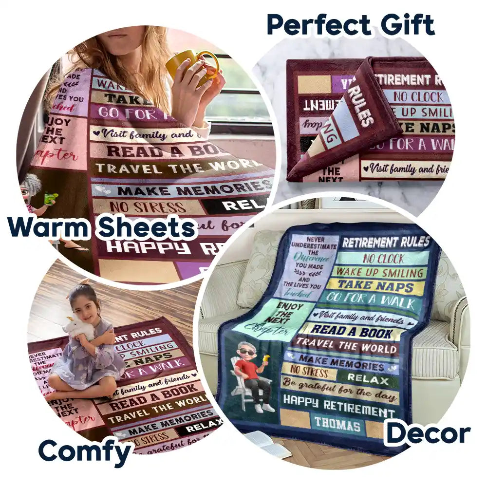 Retirement,Happy,Gift For Yourself,Parents,Gift For Grandparents,Gift For Women,Gift For Men - Retirement Rules Funny Farewell Gift - Personalized Fleece Blanket, Sherpa Blanket