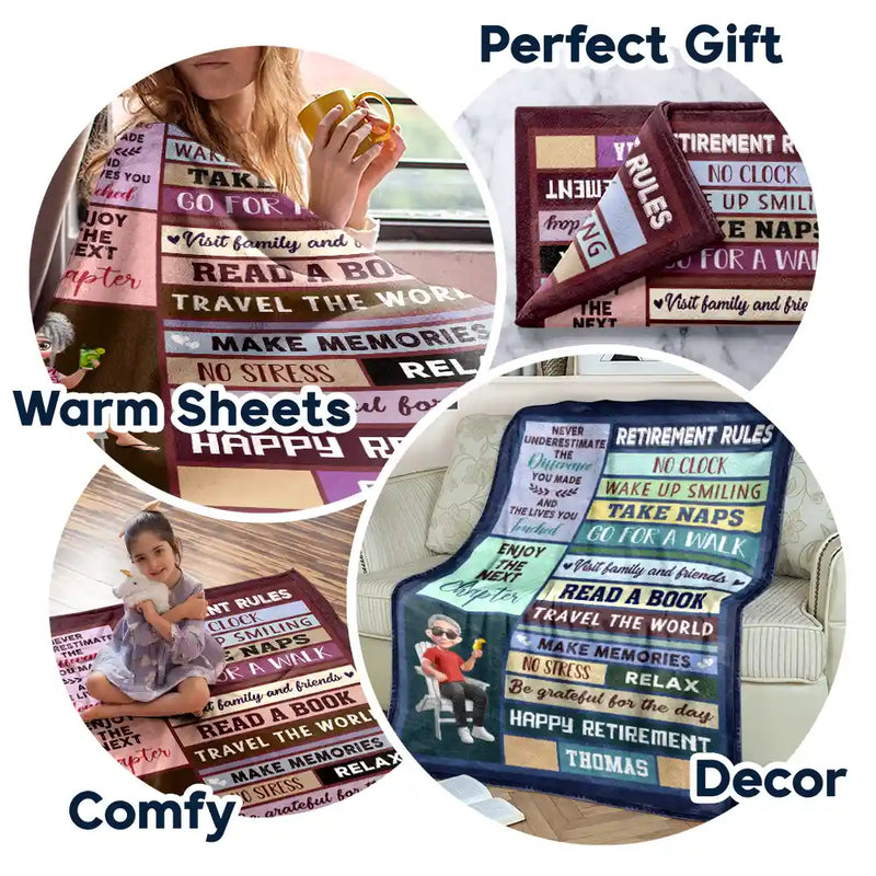 Retirement,Happy,Gift For Yourself,Parents,Gift For Grandparents,Gift For Women,Gift For Men - Retirement Rules Funny Farewell Gift - Personalized Fleece Blanket, Sherpa Blanket