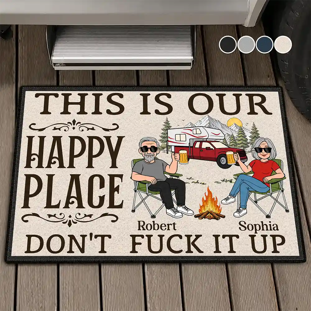 Retro Cartoon Camping Couple This Is Our Happy Place - Personalized Doormat