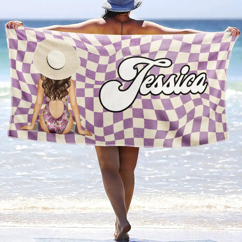 Gift For Yourself,Gift For Women,Happy - Retro Groovy Name Girl By The Beach - Personalized Beach Towel