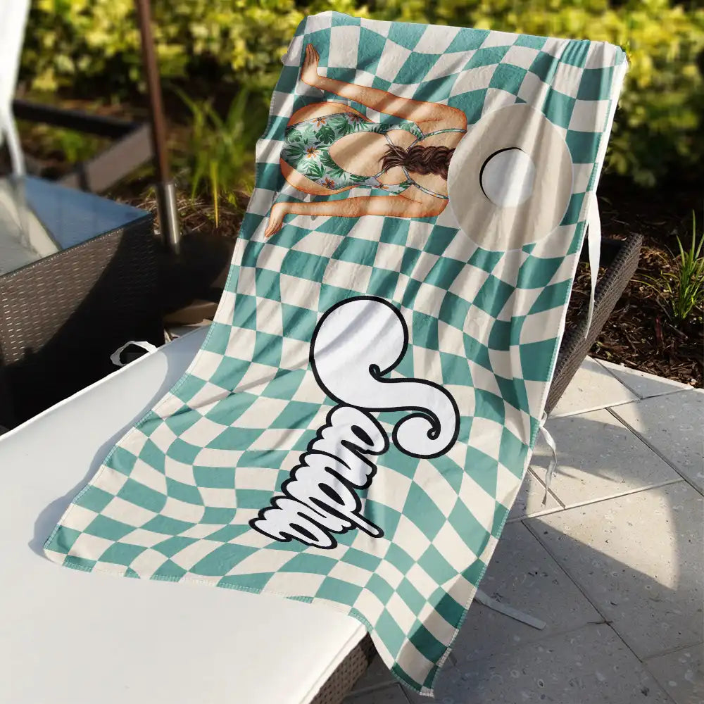 Gift For Yourself,Gift For Women,Happy - Retro Groovy Name Girl By The Beach - Personalized Beach Towel
