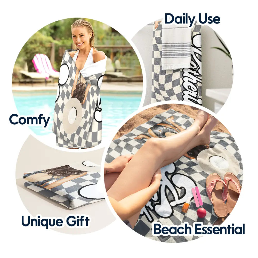 Gift For Yourself,Gift For Women,Happy - Retro Groovy Name Girl By The Beach - Personalized Beach Towel