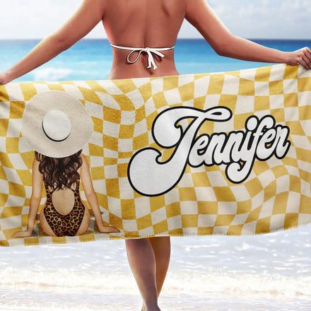 Retro Groovy Name Girl By The Beach - Personalized Beach Towel