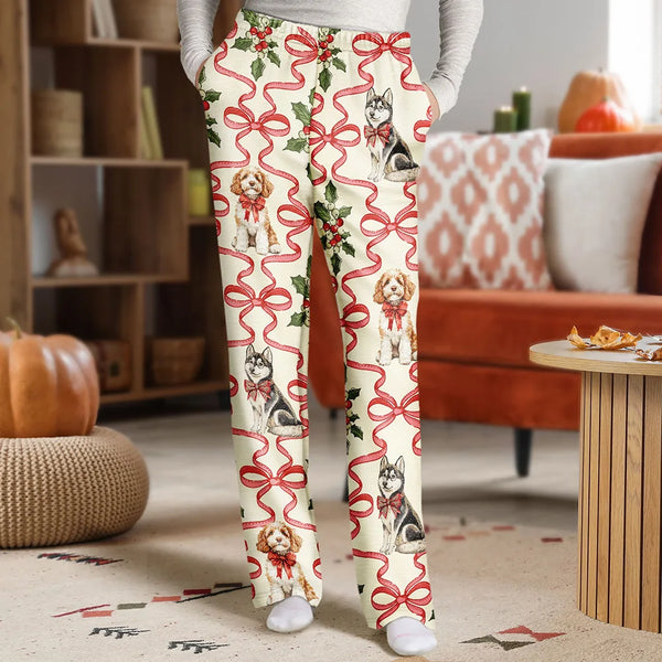 Dog Lovers,Dog Mom,Christmas,Happy - Retro Holy Berries And Decorative Bow - Personalized Pajama Pants