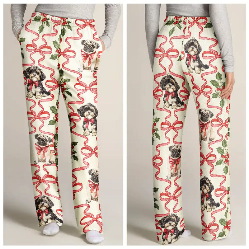Dog Lovers,Dog Mom,Christmas,Happy - Retro Holy Berries And Decorative Bow - Personalized Pajama Pants