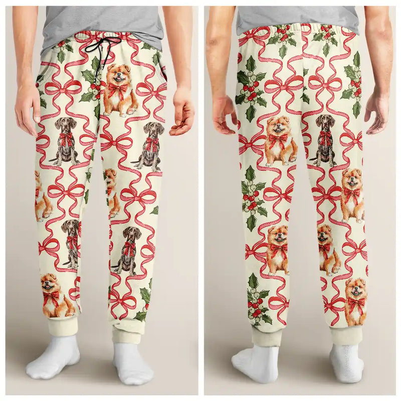 Dog Lovers,Dog Mom,Christmas,Happy - Retro Holy Berries And Decorative Bow - Personalized Pajama Pants