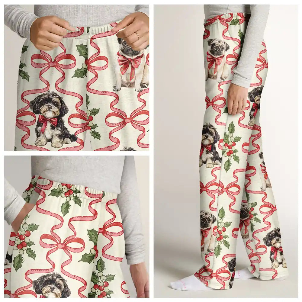 Dog Lovers,Dog Mom,Christmas,Happy - Retro Holy Berries And Decorative Bow - Personalized Pajama Pants
