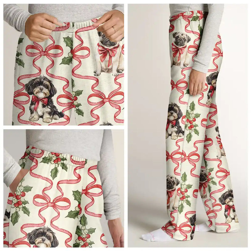 Dog Lovers,Dog Mom,Christmas,Happy - Retro Holy Berries And Decorative Bow - Personalized Pajama Pants