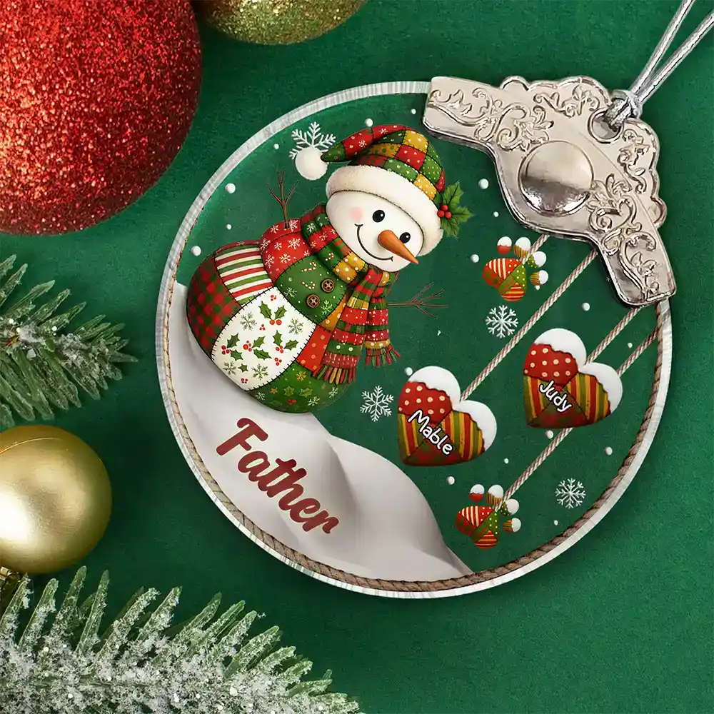Gift For Grandma, Gift For Grandparents, Christmas, Love - Retro Patchwork Snowman - Personalized Glass Ornament With Silver Cap