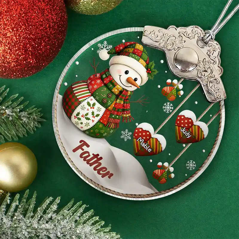 Gift For Grandma, Gift For Grandparents, Christmas, Love - Retro Patchwork Snowman - Personalized Glass Ornament With Silver Cap