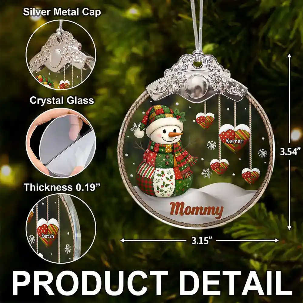 Gift For Grandma, Gift For Grandparents, Christmas, Love - Retro Patchwork Snowman - Personalized Glass Ornament With Silver Cap