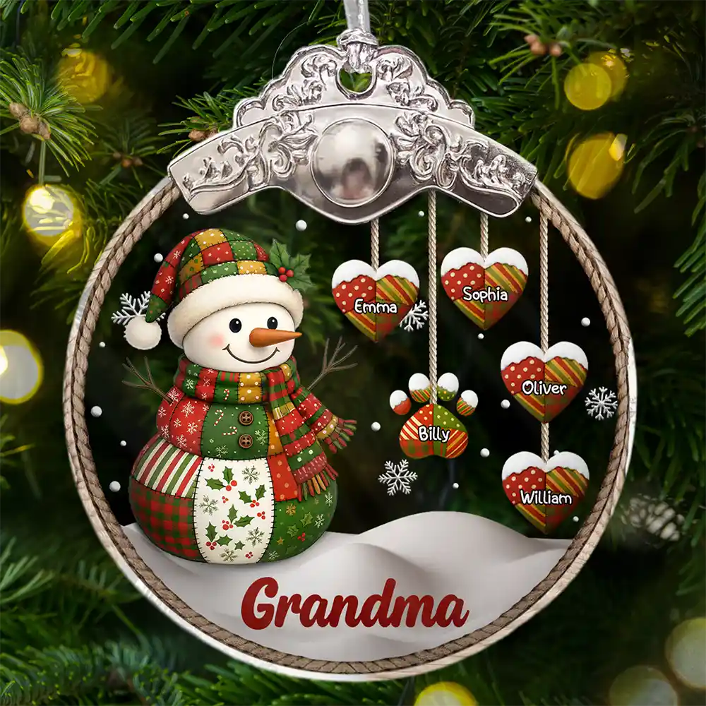 Gift For Grandma, Gift For Grandparents, Christmas, Love - Retro Patchwork Snowman - Personalized Glass Ornament With Silver Cap