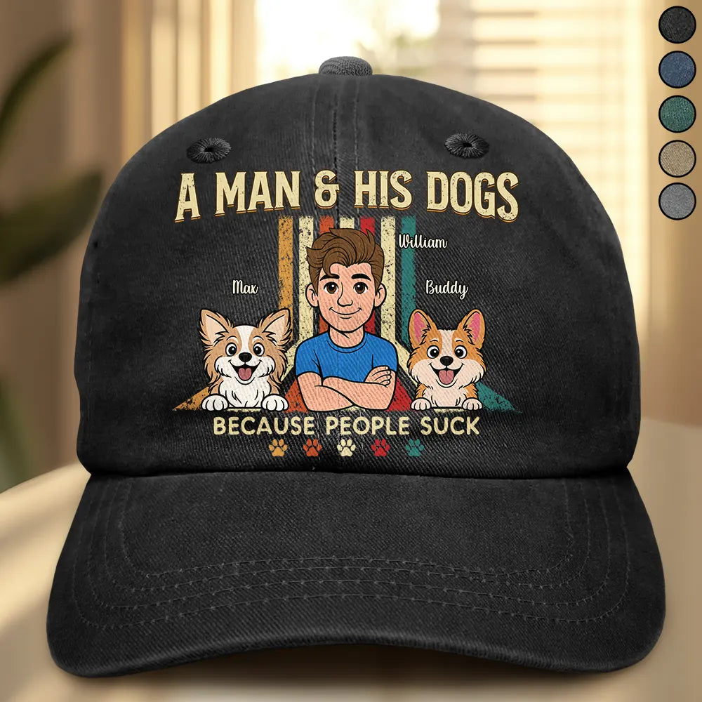 Pet Lovers,Pet Mom,Pet Dad,Dog Lovers,Dog Mom,Dog Dad,Cat Lovers,Cat Mom,Cat Dad,Gift For Women,Gift For Men,Happy,Top Market - Retro Style A Man & His Dog Cat - Personalized Vintage Washed Denim Cap