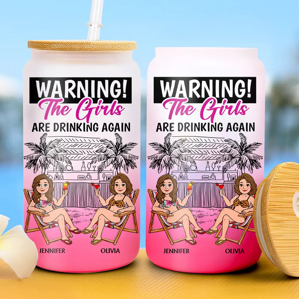 Retro Style Besties Warning The Girls Are Drinking Again - Personalized Ombre Frosted Glass Can