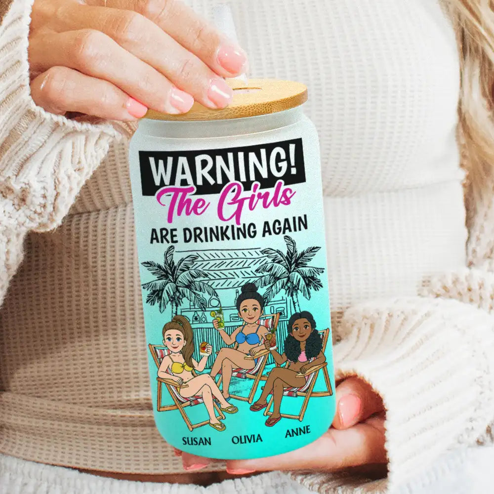 Retro Style Besties Warning The Girls Are Drinking Again - Personalized Ombre Frosted Glass Can