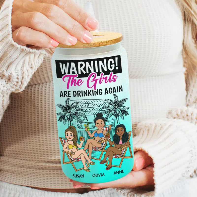 Retro Style Besties Warning The Girls Are Drinking Again - Personalized Ombre Frosted Glass Can