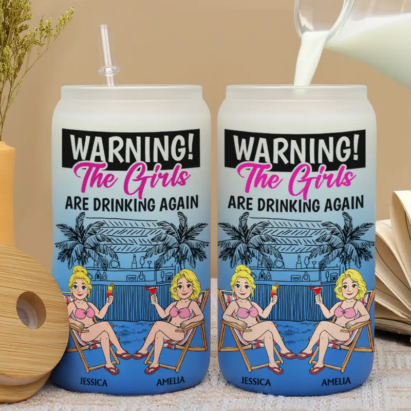 Retro Style Besties Warning The Girls Are Drinking Again - Personalized Ombre Frosted Glass Can