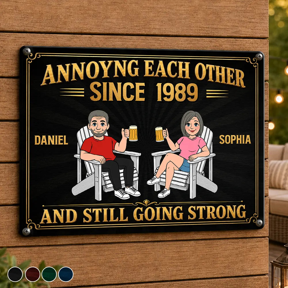 Top Market,Humorous,Old Couples,Outdoor Decor,Gift For Couples,Vector - Retro Style Couple Annoying Each Other And Still Going Strong - Personalized Classic Metal Signs