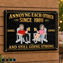Top Market,Humorous,Old Couples,Outdoor Decor,Gift For Couples,Vector - Retro Style Couple Annoying Each Other And Still Going Strong - Personalized Classic Metal Signs
