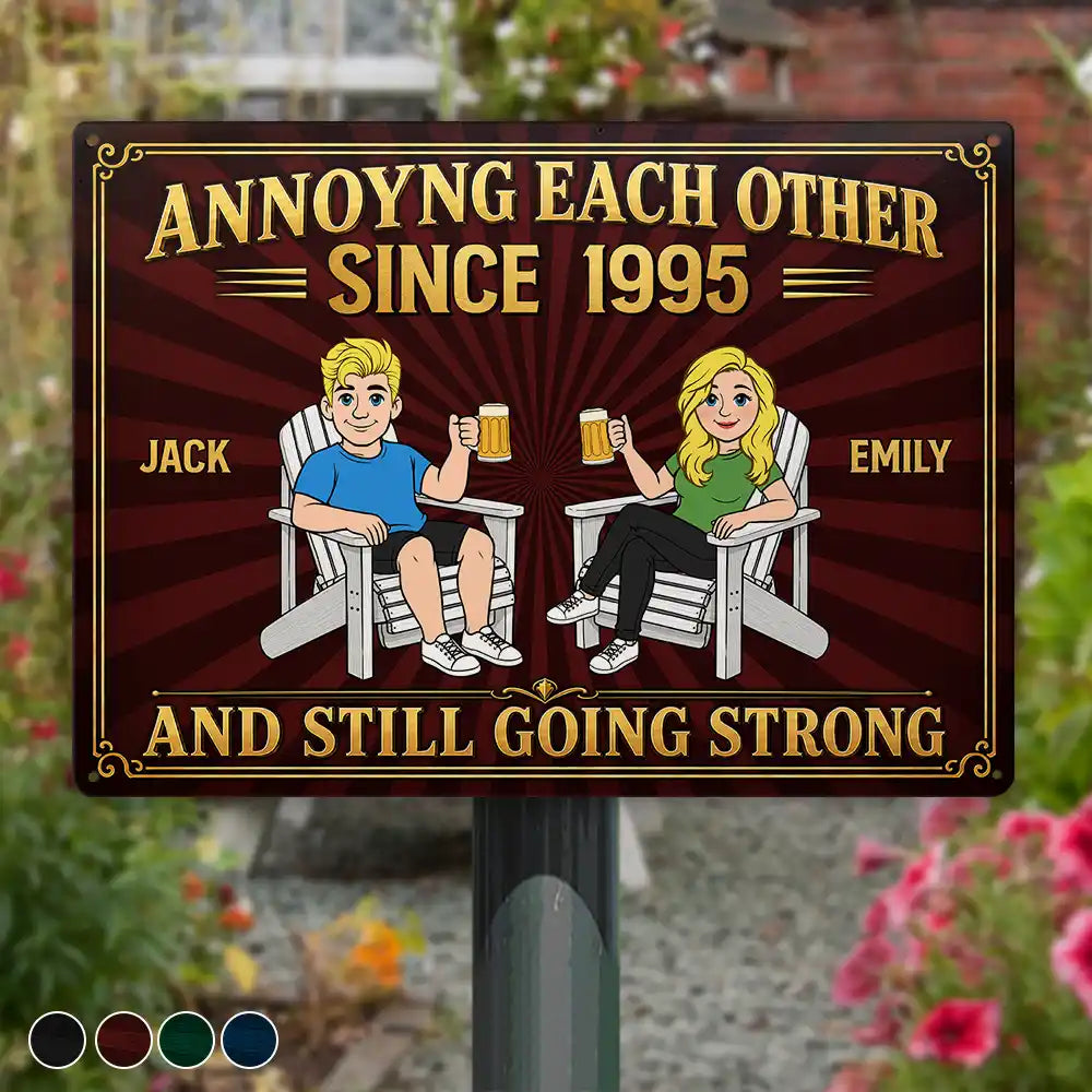 Top Market,Humorous,Old Couples,Outdoor Decor,Gift For Couples,Vector - Retro Style Couple Annoying Each Other And Still Going Strong - Personalized Classic Metal Signs
