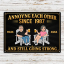 Top Market,Humorous,Old Couples,Outdoor Decor,Gift For Couples,Vector - Retro Style Couple Annoying Each Other And Still Going Strong - Personalized Classic Metal Signs