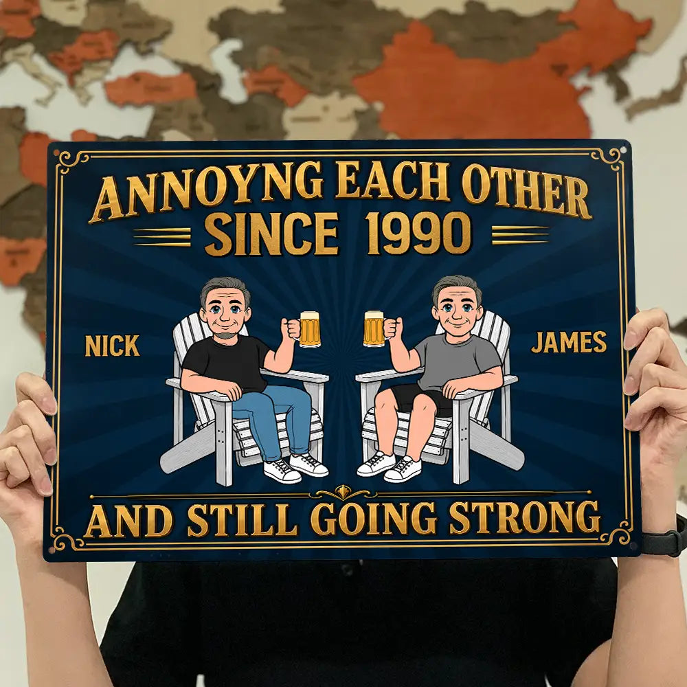 Top Market,Humorous,Old Couples,Outdoor Decor,Gift For Couples,Vector - Retro Style Couple Annoying Each Other And Still Going Strong - Personalized Classic Metal Signs
