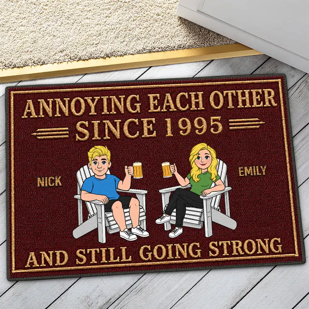 Humorous,Indoor Decor,Old Couples,Gift For Couples,Vector - Retro Style Couple Annoying Each Other And Still Going Strong - Personalized Doormat