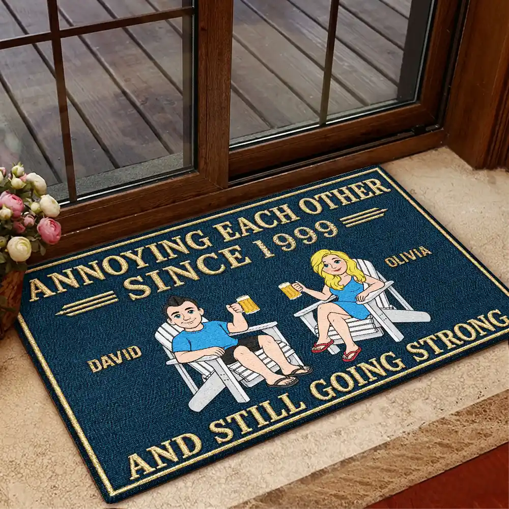Humorous,Indoor Decor,Old Couples,Gift For Couples,Vector - Retro Style Couple Annoying Each Other And Still Going Strong - Personalized Doormat