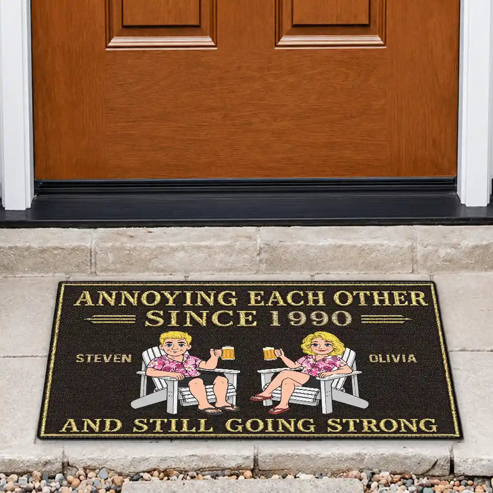 Humorous,Indoor Decor,Old Couples,Gift For Couples,Vector - Retro Style Couple Annoying Each Other And Still Going Strong - Personalized Doormat