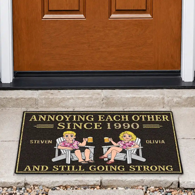 Humorous,Indoor Decor,Old Couples,Gift For Couples,Vector - Retro Style Couple Annoying Each Other And Still Going Strong - Personalized Doormat