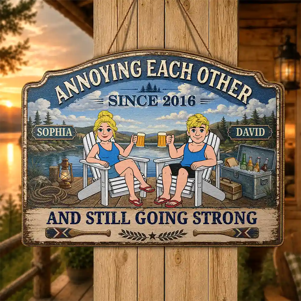 Wedding Anniversary,Old Couples,Outdoor Decor,Lake,Gift For Couples,Vector,Happy - Retro Style Couple Lake House Annoying Each Other - Personalized Custom Shaped Wood Sign