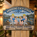 Wedding Anniversary,Old Couples,Outdoor Decor,Lake,Gift For Couples,Vector,Happy - Retro Style Couple Lake House Annoying Each Other - Personalized Custom Shaped Wood Sign