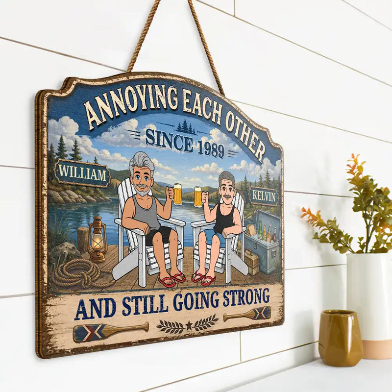 Wedding Anniversary,Old Couples,Outdoor Decor,Lake,Gift For Couples,Vector,Happy - Retro Style Couple Lake House Annoying Each Other - Personalized Custom Shaped Wood Sign